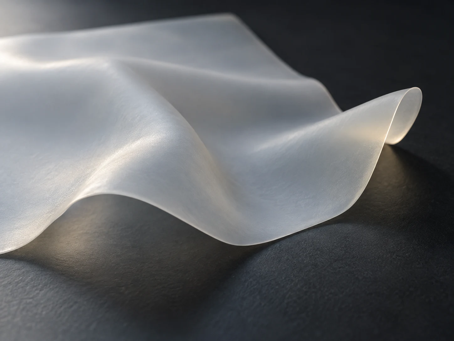 Conceptual image of a translucent soft film lying with a pronounced sag on a dark surface