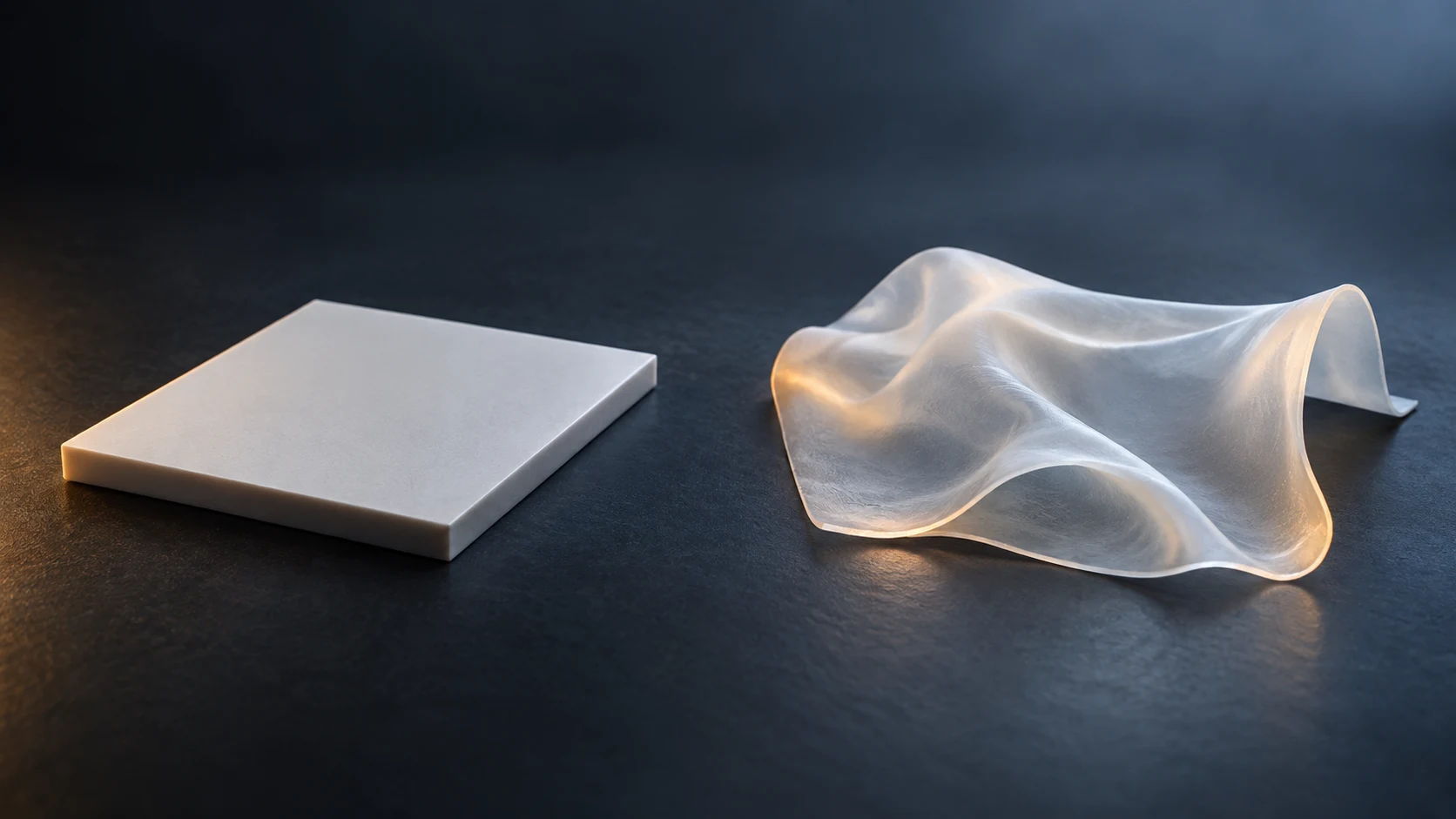 Conceptual image of a hard white plate and a soft translucent film lying slightly overlapped on a dark surface