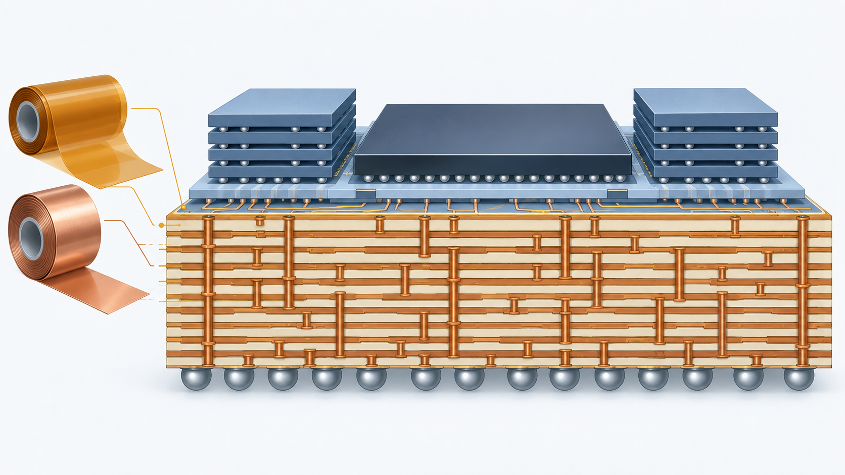 Concept diagram showing a cross-section of a package substrate carrying a large AI die and stacked memory (AI-generated concept image)