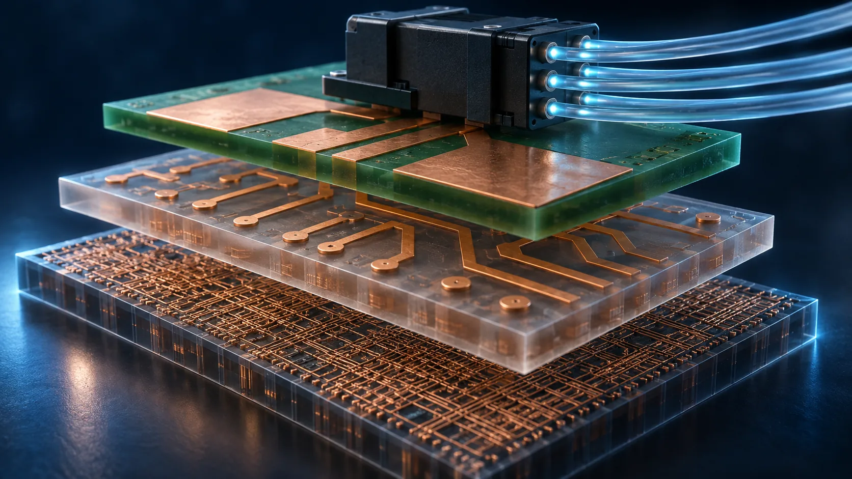 Conceptual image of a path that widens in stages, from fine wiring to thick wiring and on to optical fibre