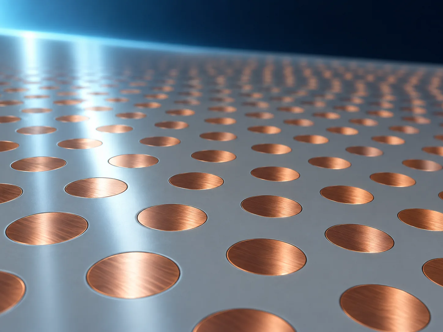 Close-up conceptual image of a flat surface with no protrusions, showing only circular copper pads in a regular array