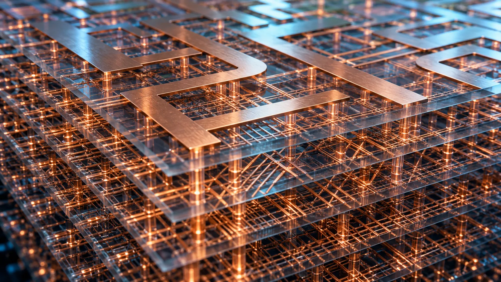 Conceptual image of many stacked copper wiring layers running in orderly rows at different line widths