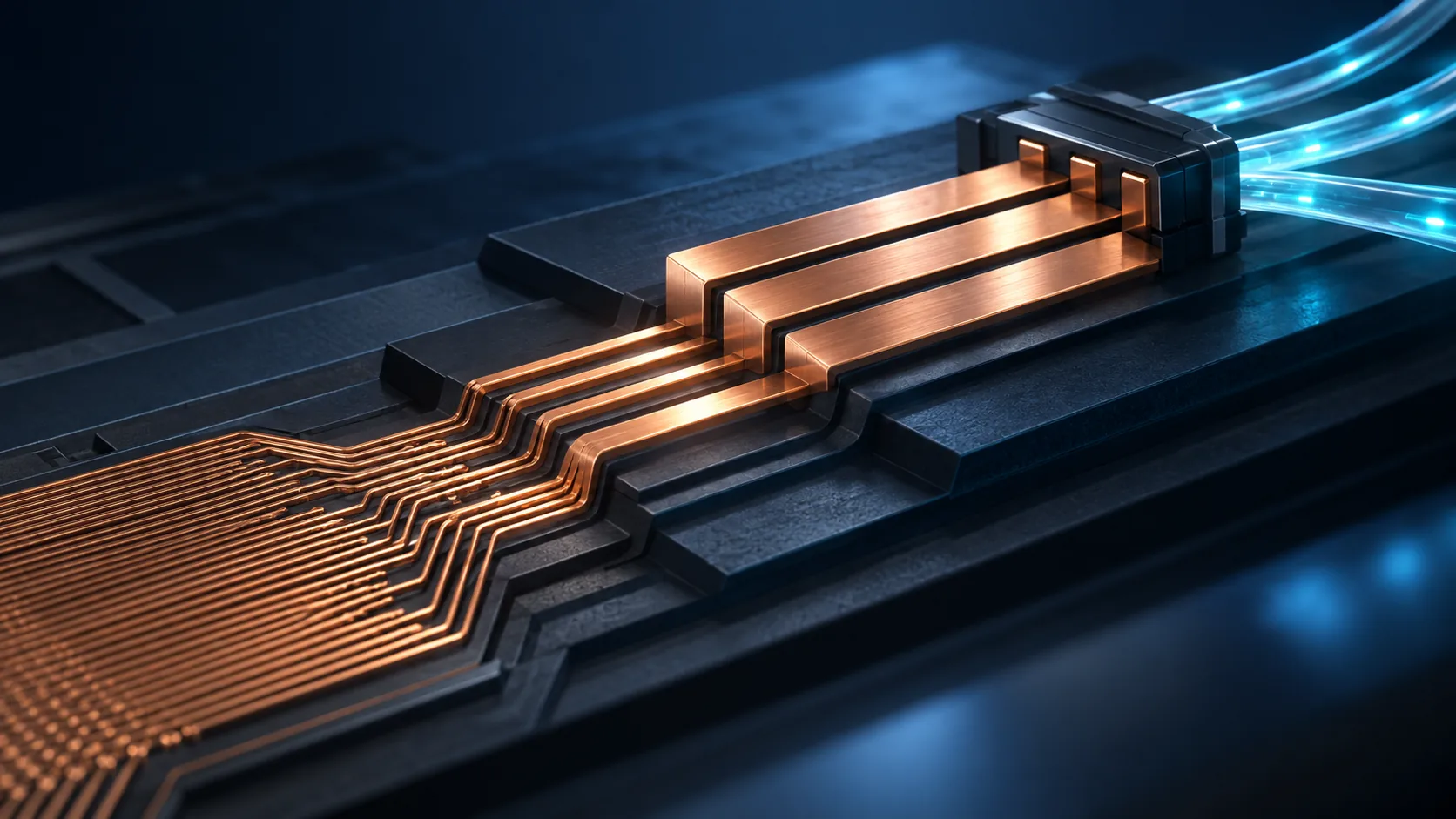 Conceptual image of wiring growing from fine lines to thick lines and finally to optical fibre, level by level