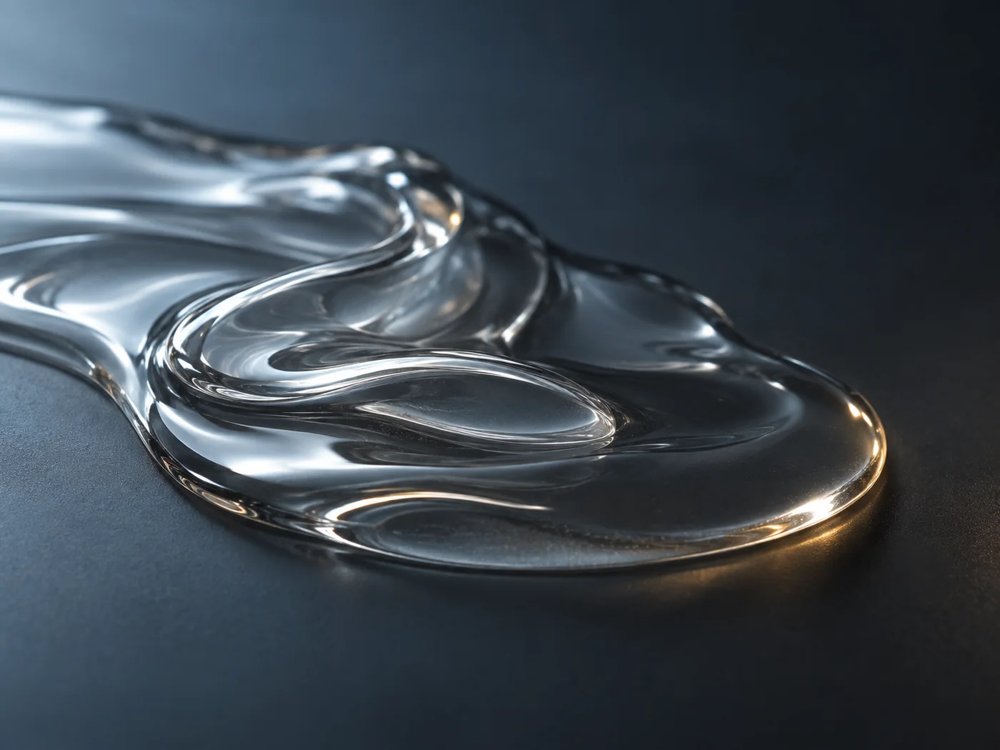 An abstract concept image that is spreading slowly while the colorless transparent and slightly sticky liquid on the dark surface
