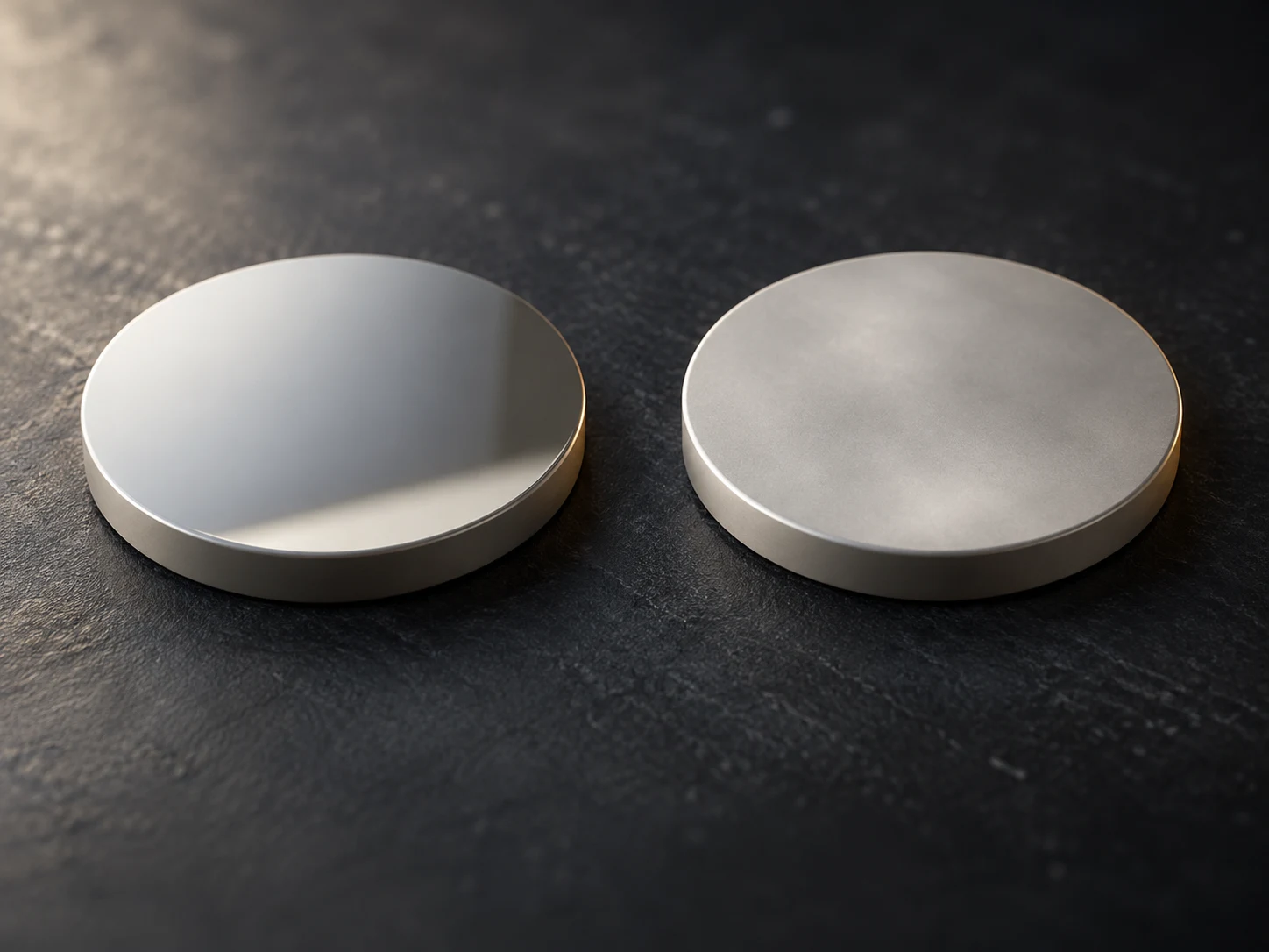 Conceptual image of two flat pale grey-white discs side by side, one mirror-smooth and the other rough in texture
