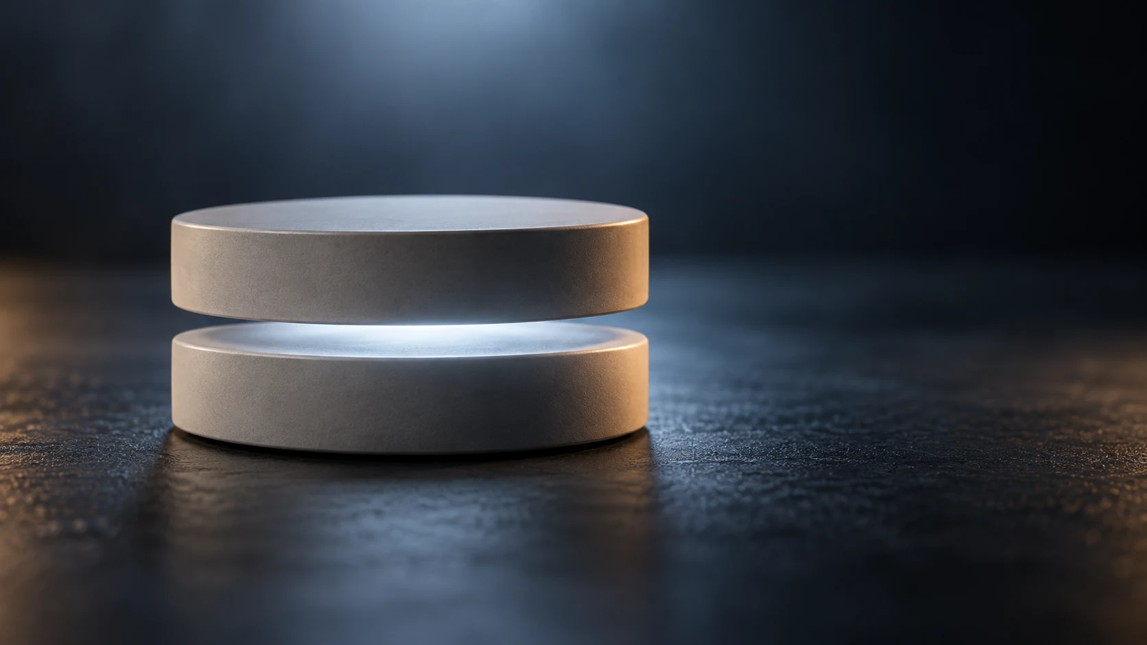 Conceptual image of two flat pale grey-white discs of material facing each other across a narrow gap
