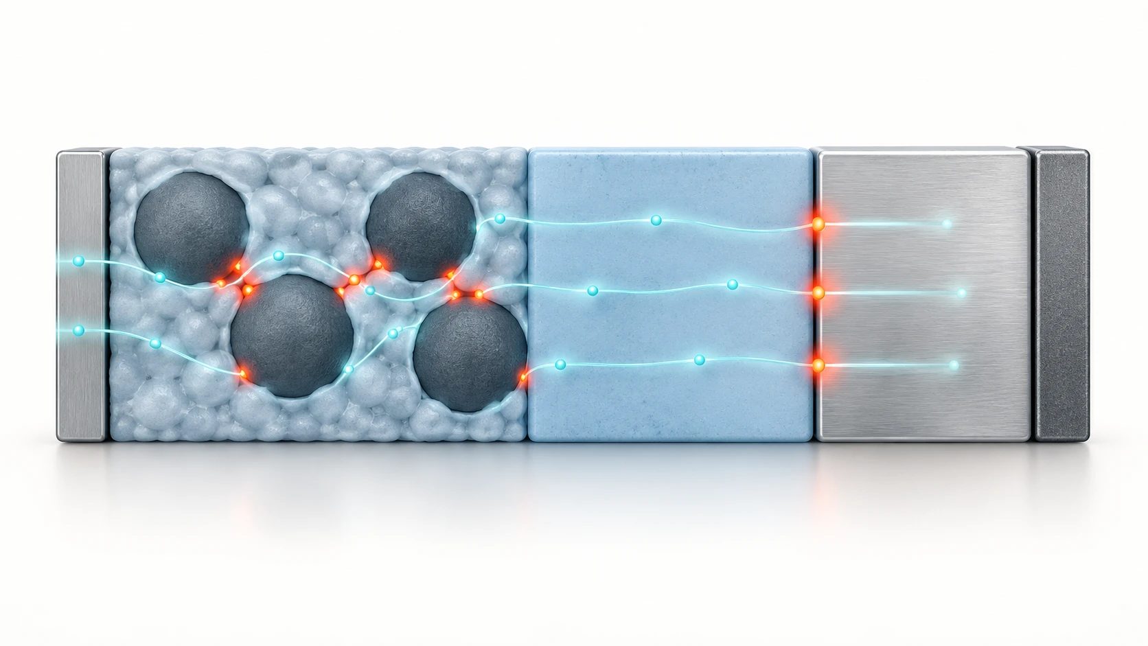 Concept showing particle contacts inside a composite cathode and the planar solid-electrolyte/lithium-metal boundary