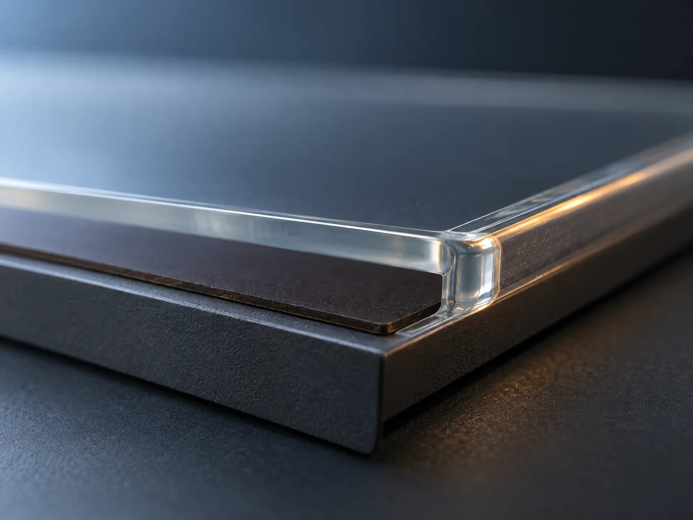 Conceptual image, from a low angle, of the edge of a uniform dark brown thin film sandwiched between a transparent cover plate and a base plate, with a narrow band of transparent sealant running around the film