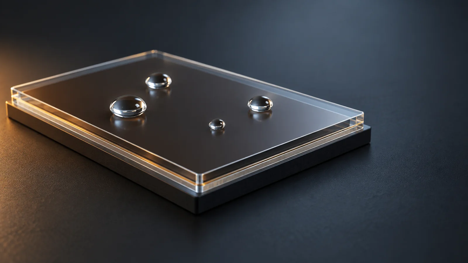 Conceptual image of a uniform dark brown thin film on a dark surface, sitting under a transparent cover plate with a few small water droplets resting only on the top of the cover