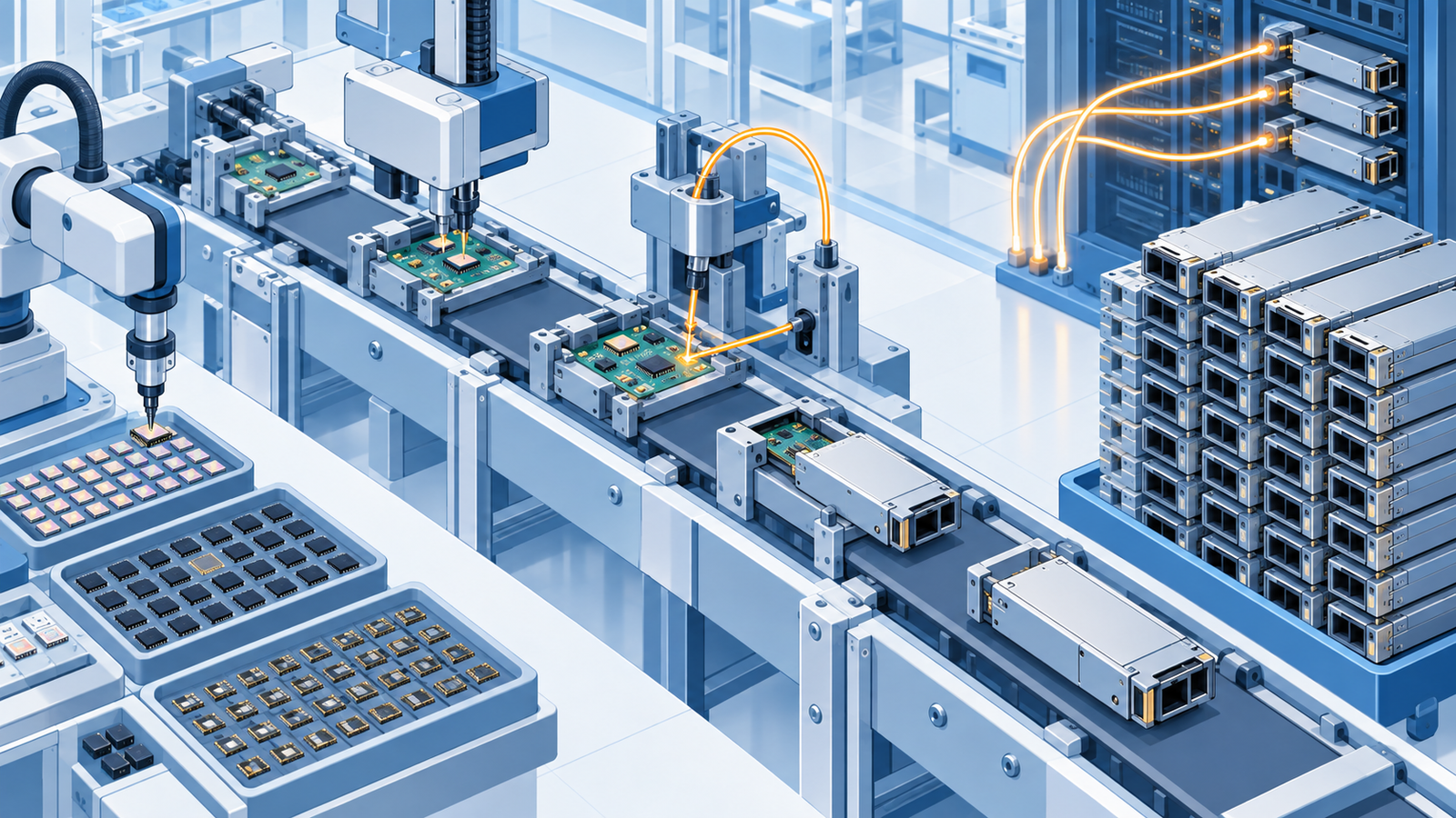 Concept diagram: a factory mounting many optical and electrical chips on boards and assembling optical modules in volume on automated lines