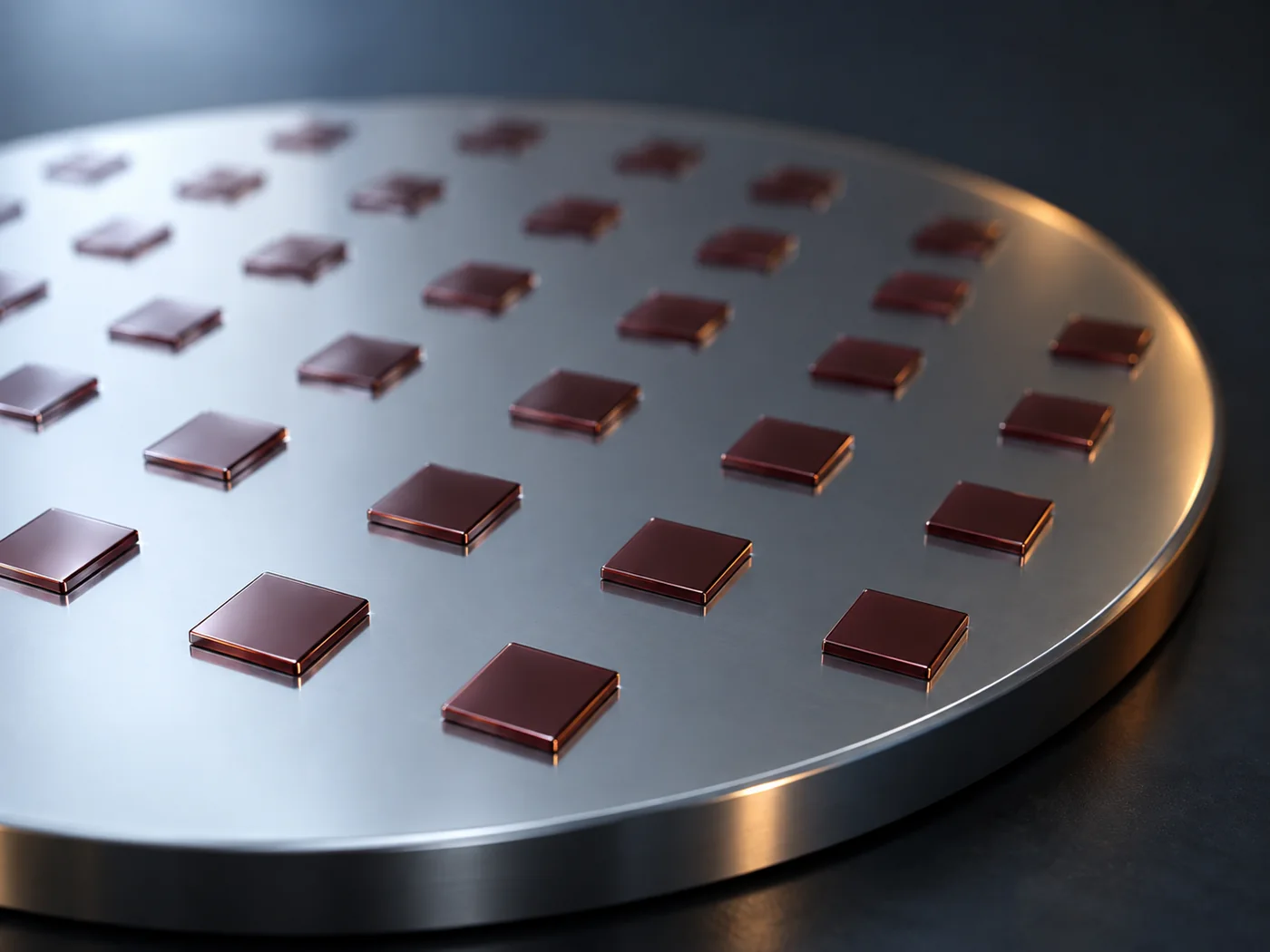 Conceptual image, seen at an angle, of small dark reddish-brown square crystal pieces bonded at regular intervals across the surface of a large pale grey round wafer