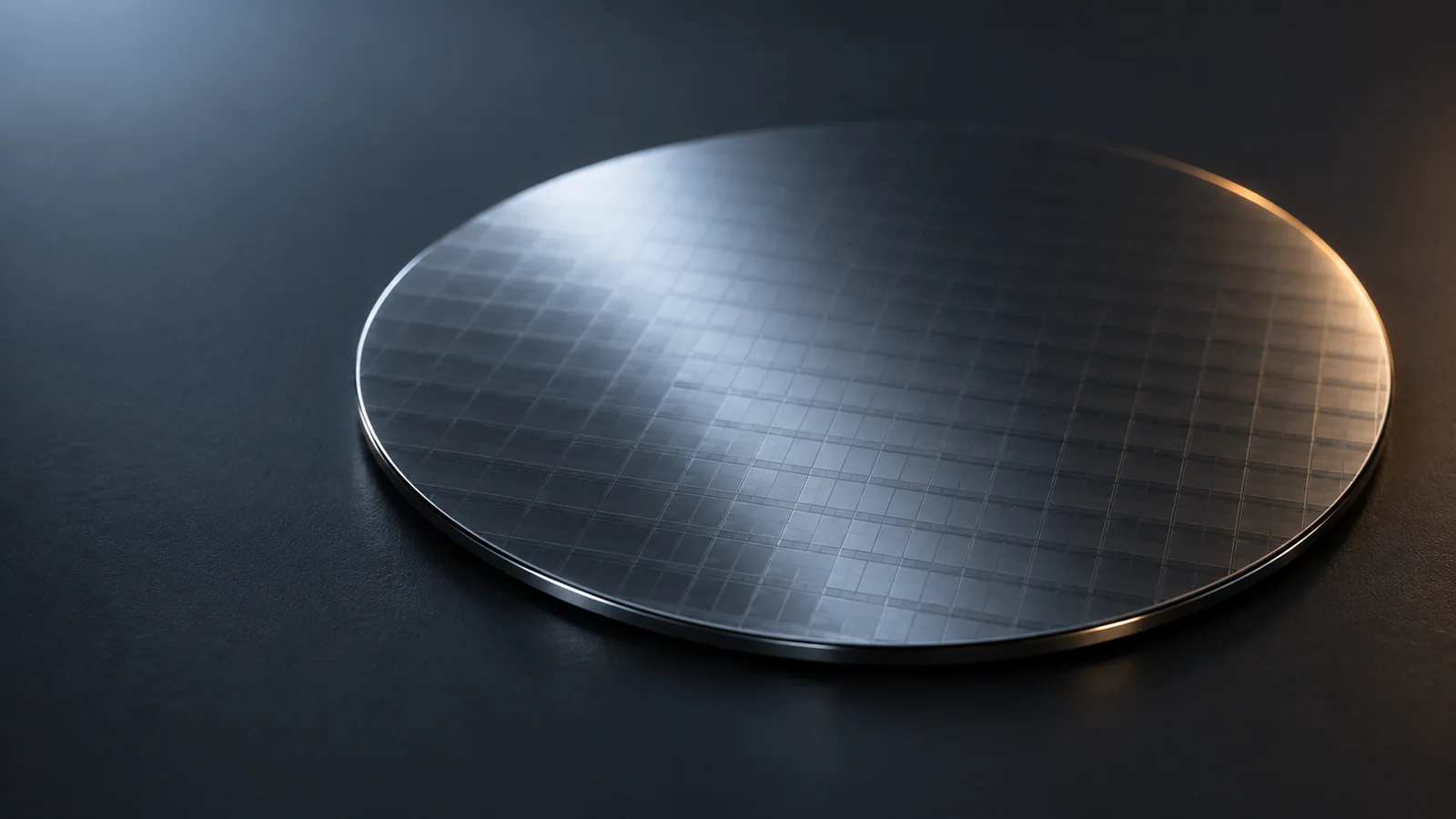 Conceptual image of a dark grey, mirror-finish round wafer resting on a dark surface, with a faint grid of small rectangular fields across it