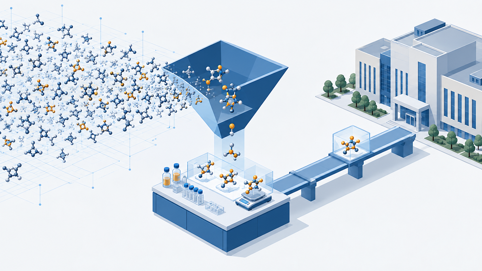 Concept diagram: AI selects a few from many   candidates, experiments, and delivers to pharmaceutical companies