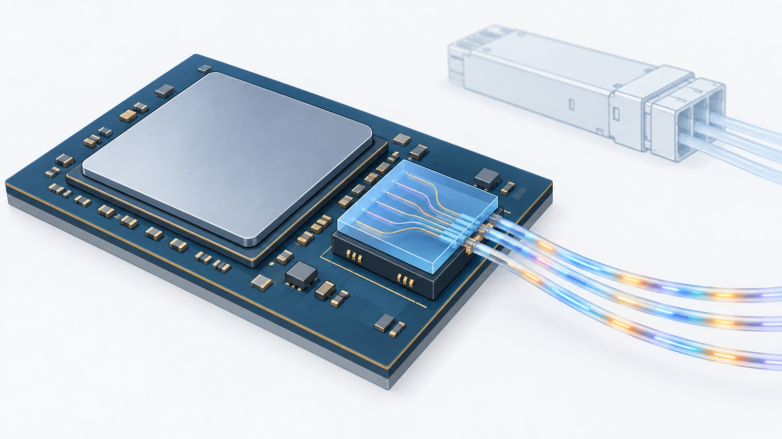 Concept diagram: an optical chiplet mounted beside a CPU package, with many colours of light travelling down a single optical fibre