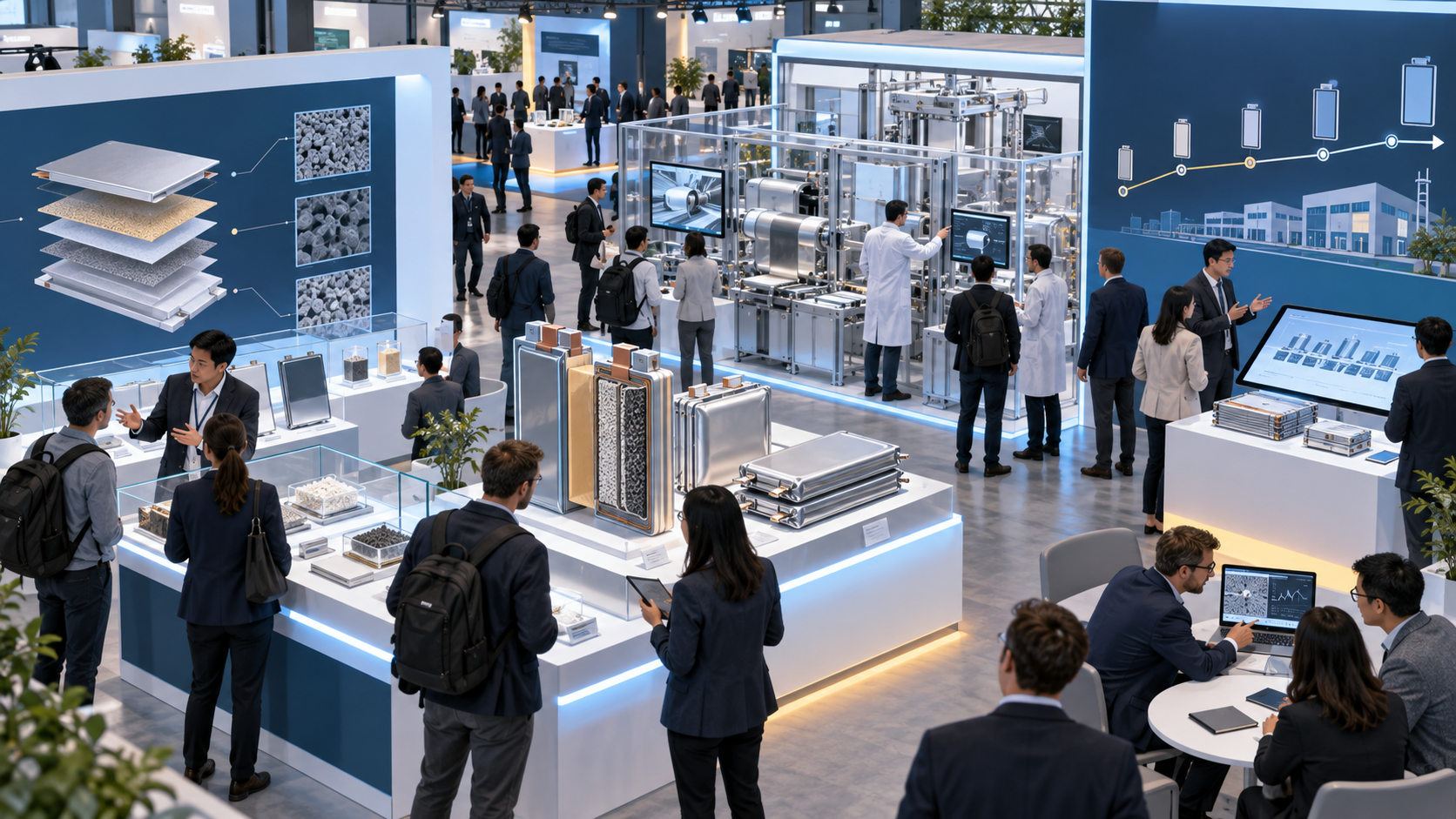 Conceptual illustration of an exhibition where solid-state battery prototypes and manufacturing technologies are shared