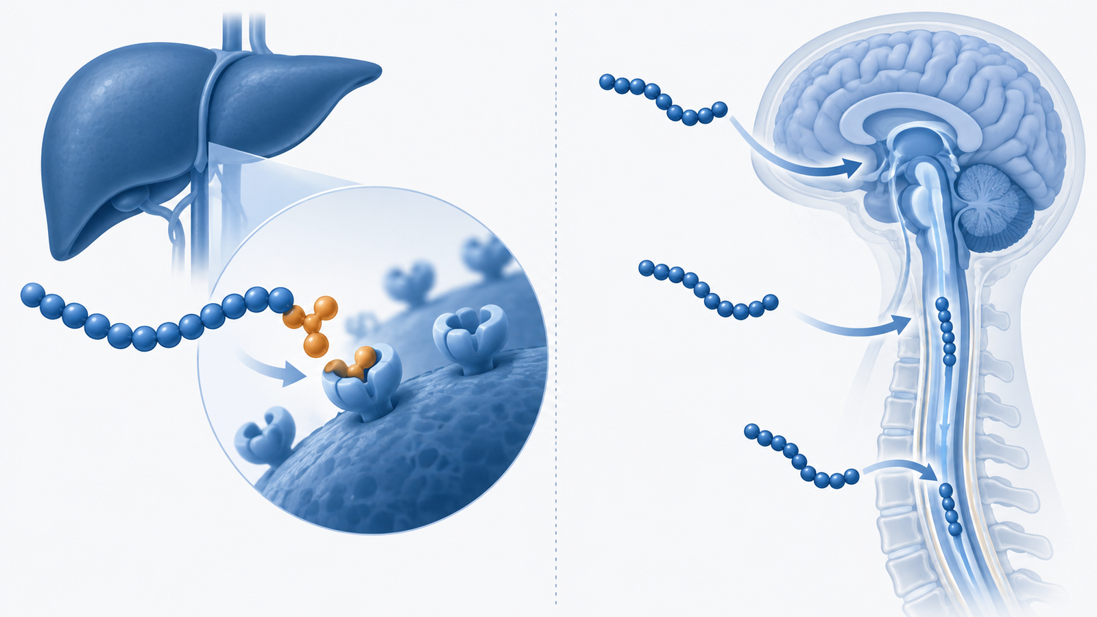 Conceptual diagram: The nucleic acid of a short single chain is delivered by a small syrup of sugar, and the appearance of the heading to the cells of the liver and delivering it to the brain and spinal cord in another route.