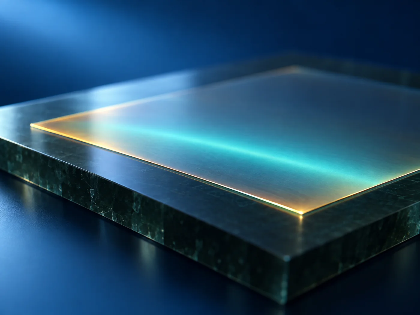 Conceptual image of a single very thin film, glowing faintly in the light, bonded flat onto a dark flat substrate
