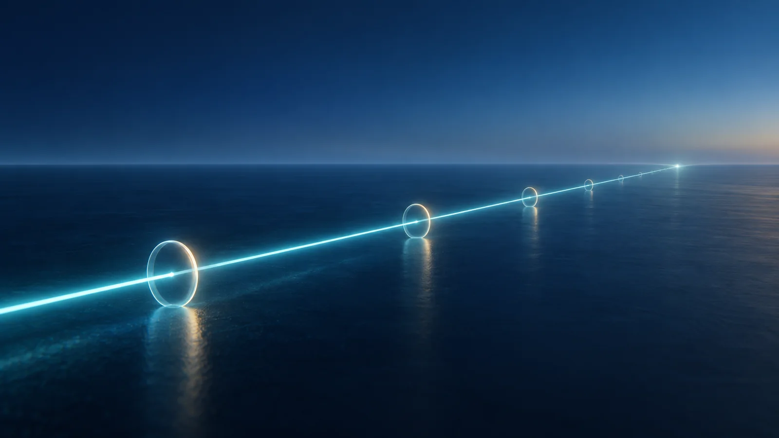 Conceptual image of a single thin streak of light stretching straight into the distance against a dark background, without breaking or branching along the way