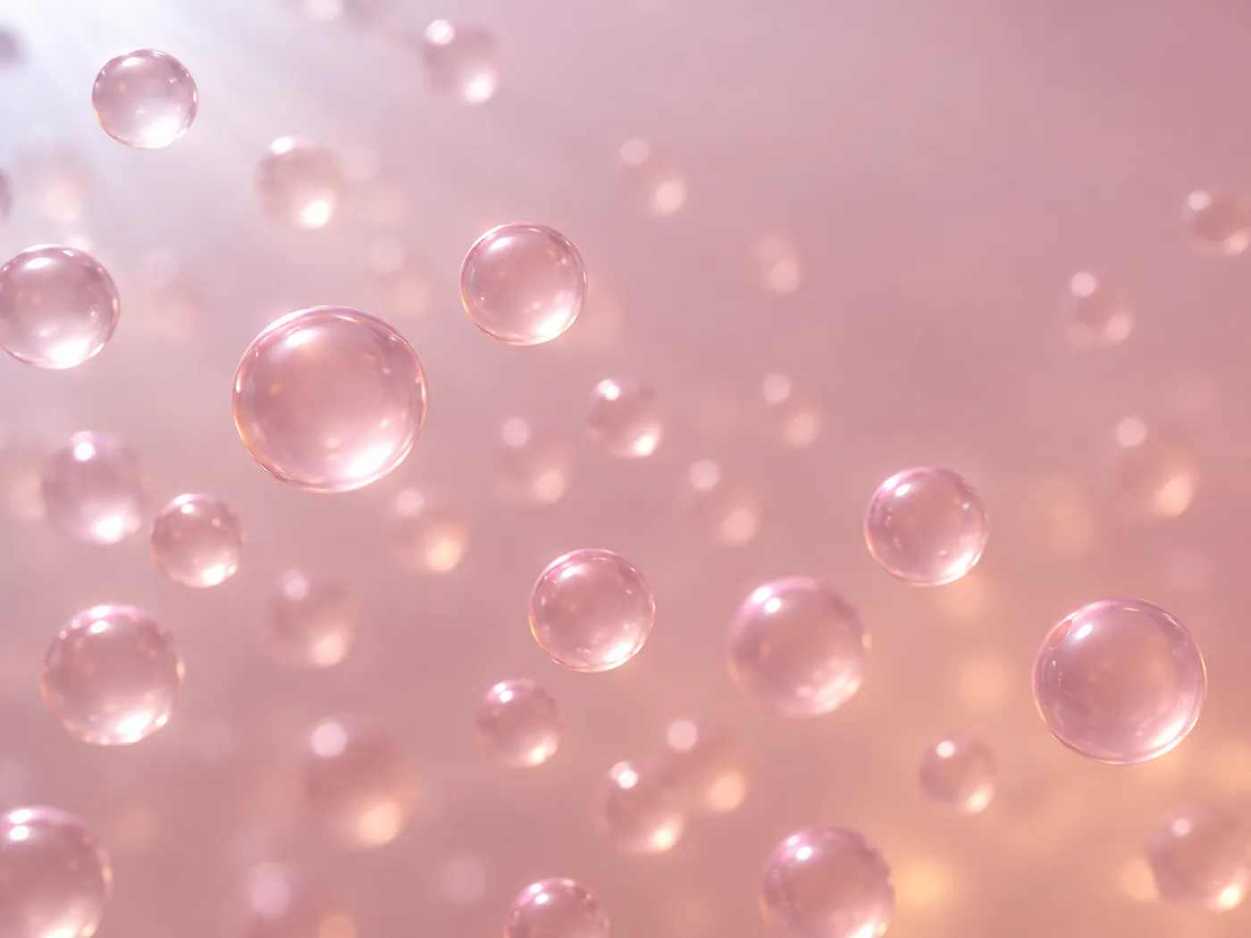 Abstract conceptual image of small translucent spheres floating sparsely in a pale pink liquid