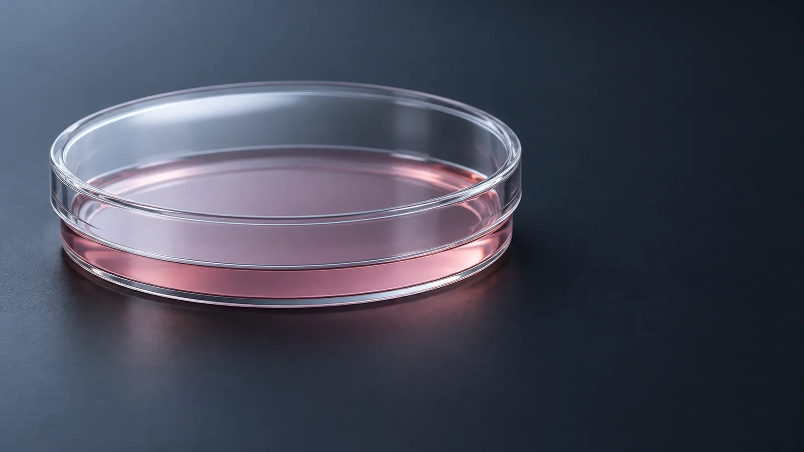 Conceptual image of a plain, lidded, clear shallow round dish on a dark background, holding a thin layer of pale pink liquid
