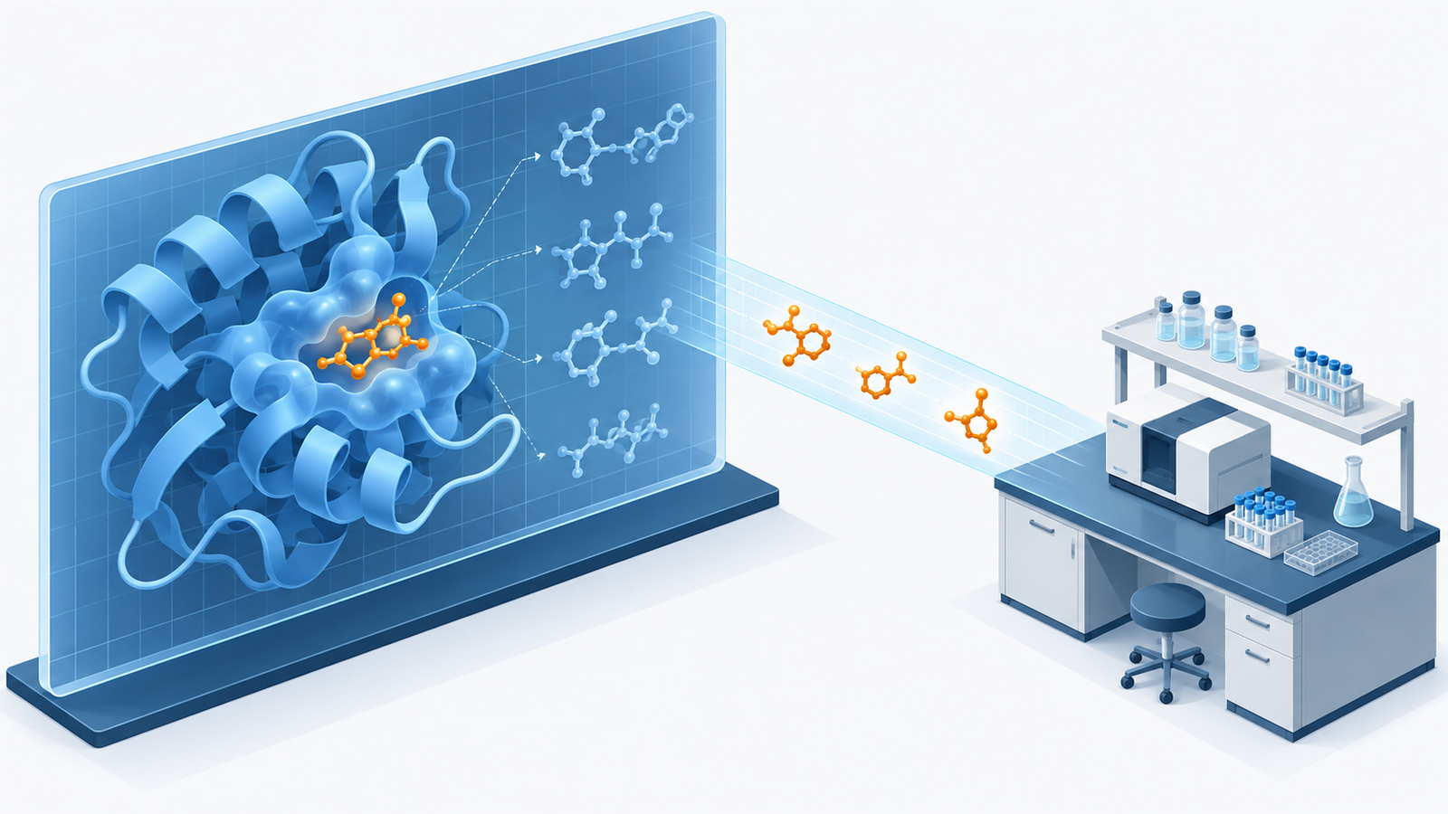Concept diagram: A flow that predicts the binding of proteins and proteins in a computer and passes only the candidates selected to the laboratory