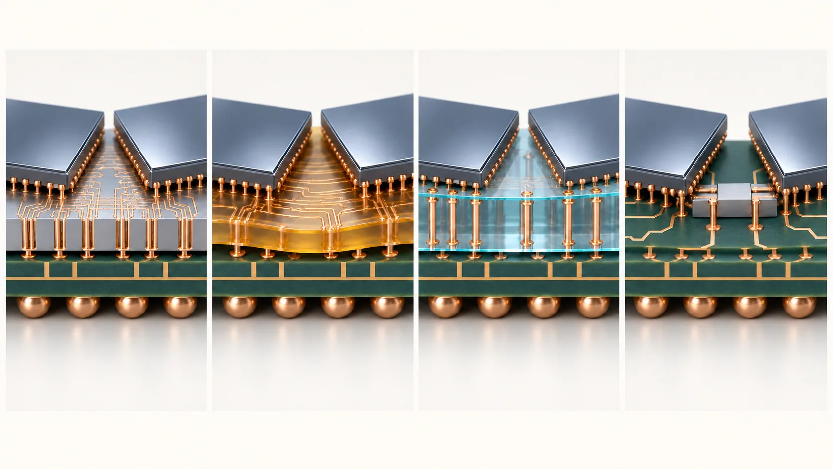 Conceptual illustration of Cross-sections of four interposer approaches