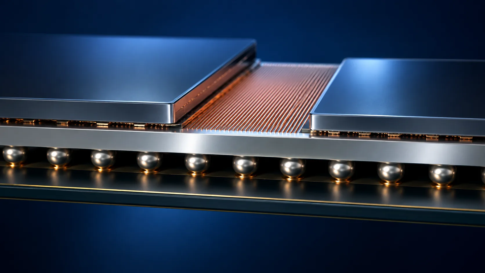 Conceptual image of several dies on a mirror-finish silicon plate, joined by extremely fine surface wiring