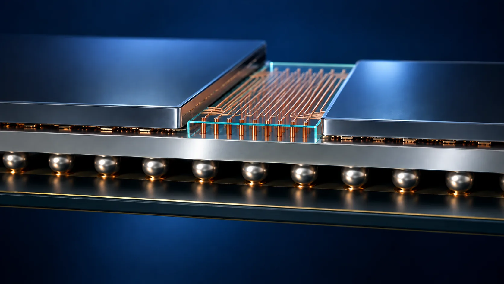 Conceptual image of fine copper pillars passing in neat rows through a transparent glass plate carrying several dies