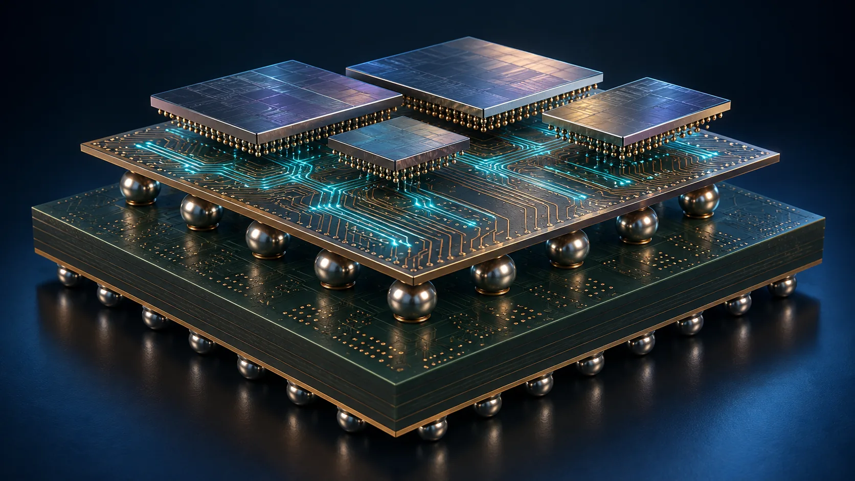 Conceptual image of several dies mounted on a flat intermediate board that connects down to a package substrate