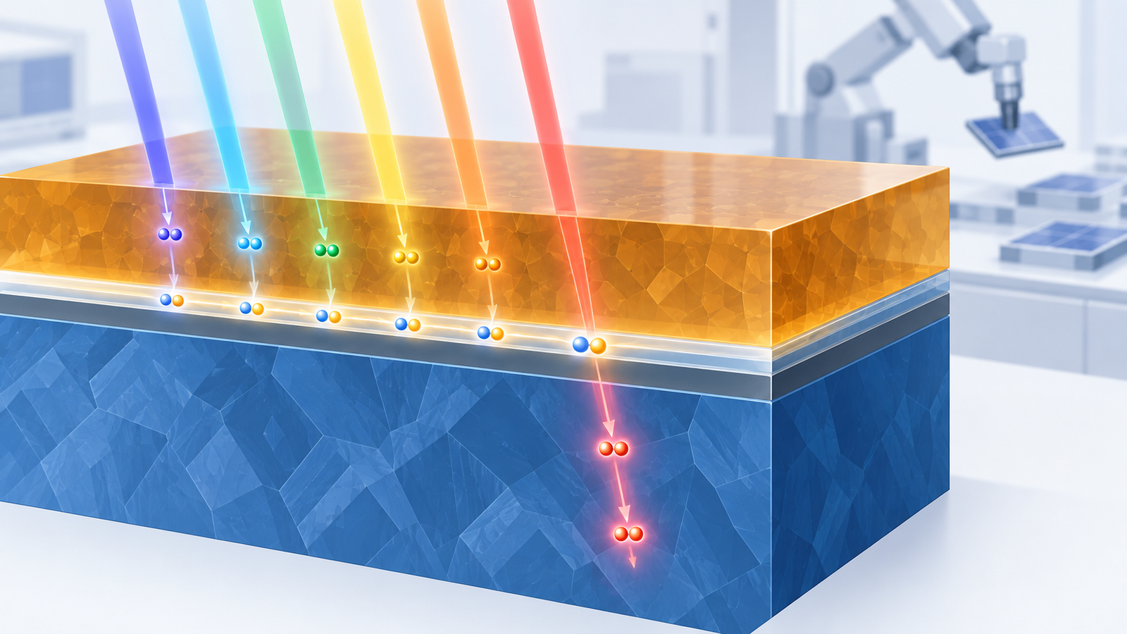 Concept diagram: cross-section of a tandem cell with a thin perovskite layer stacked on a production silicon cell and joined by a middle layer