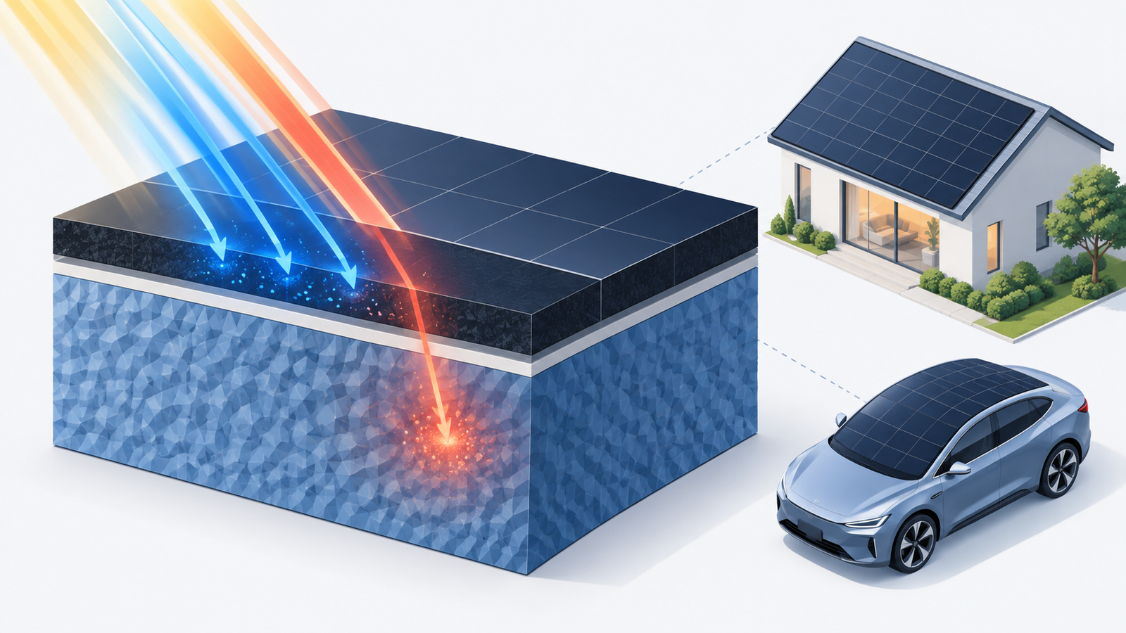 Concept diagram: a thin perovskite layer stacked on a silicon cell, with blue and red light absorbed separately