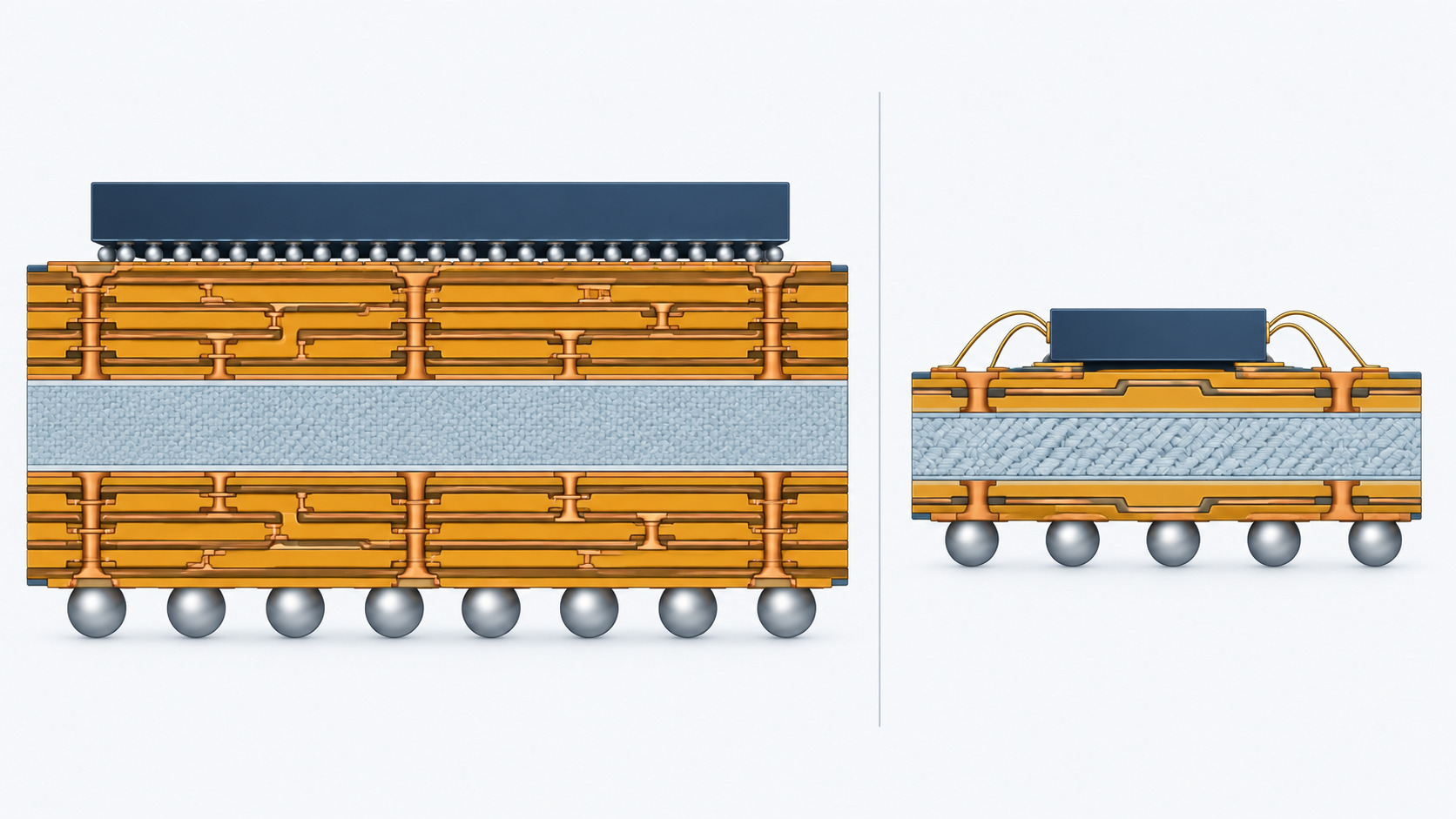 Concept diagram showing two package substrates of equal size side by side, contrasting their layer structures in cross-section (AI-generated concept image)