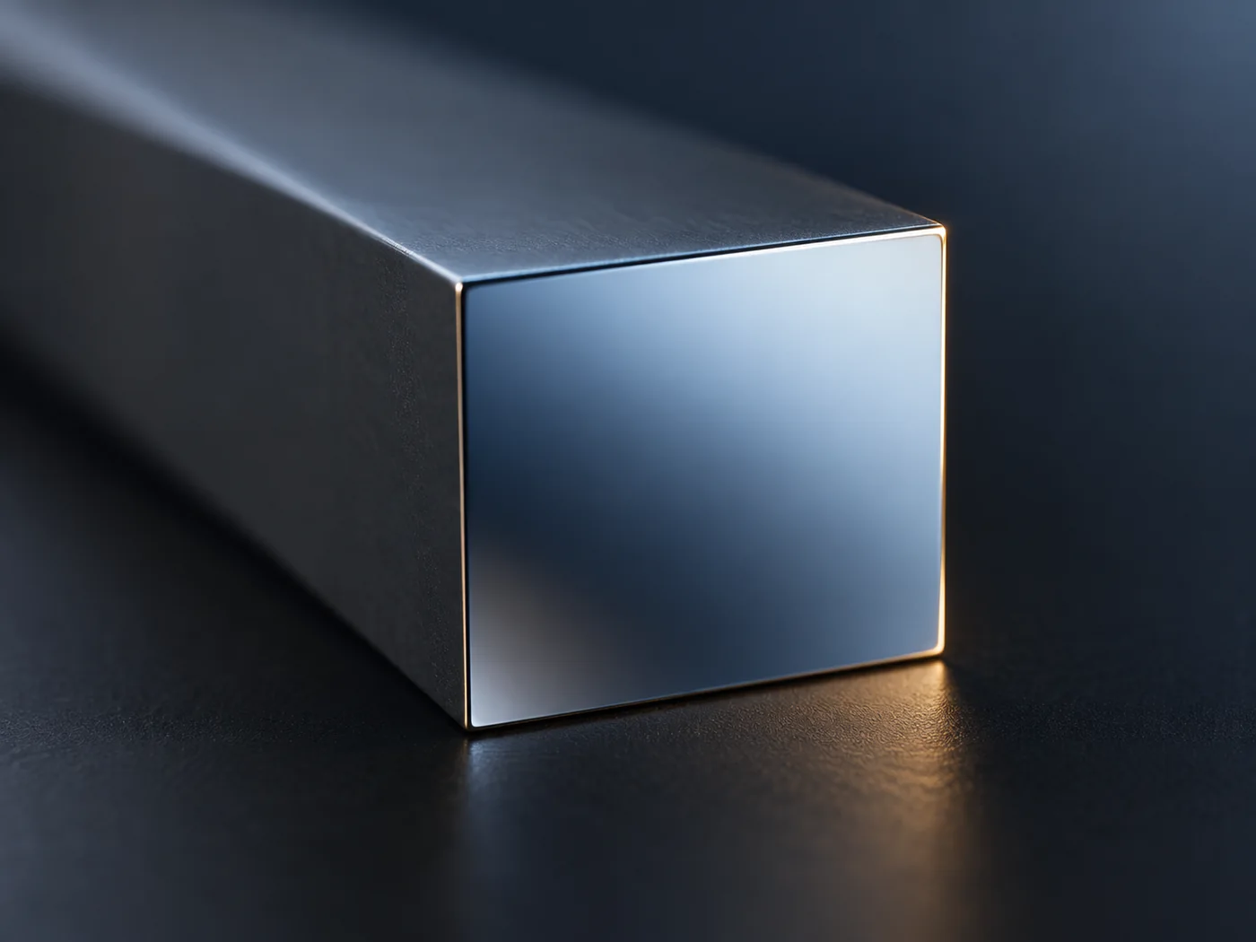 Conceptual image against a dark background of the smooth, mirror-like end face of an elongated crystal chip glowing softly in light falling at an angle
