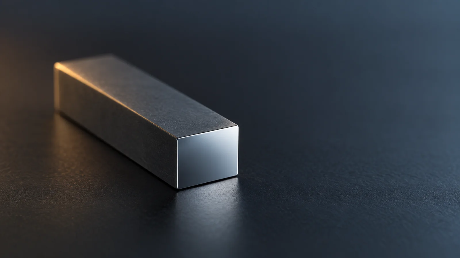 Conceptual image of a small, elongated rectangular crystal chip on a dark surface, with light reflecting softly off its mirror-like end face