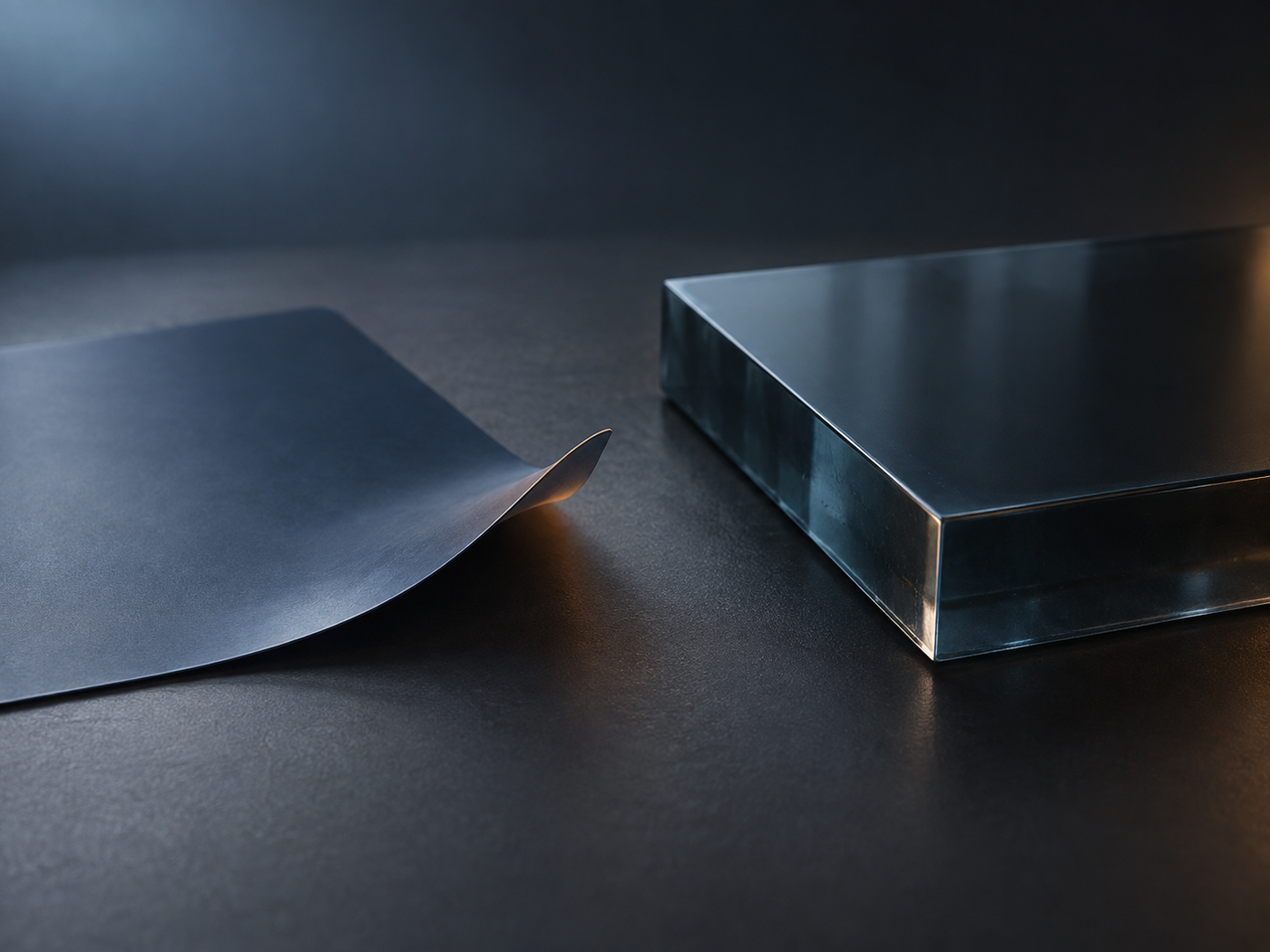 Conceptual image contrasting a thin, light-looking plain sheet and a thick, heavy-looking plain slab placed side by side on a dark tabletop