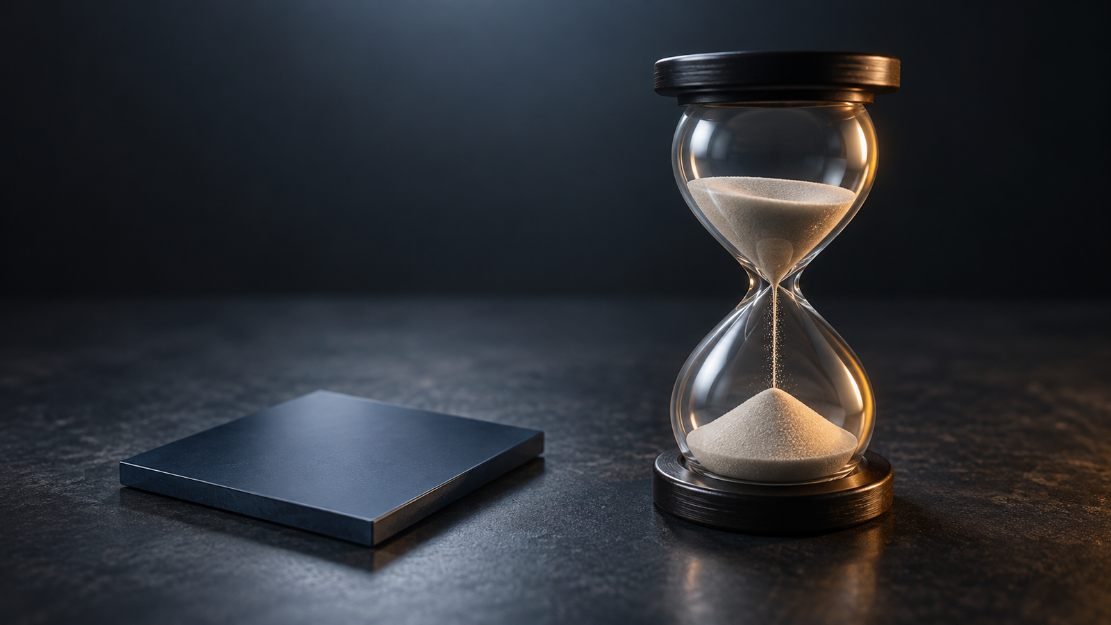 Conceptual image of a small plain dark panel and a plain hourglass with sand running, placed side by side on a dark tabletop