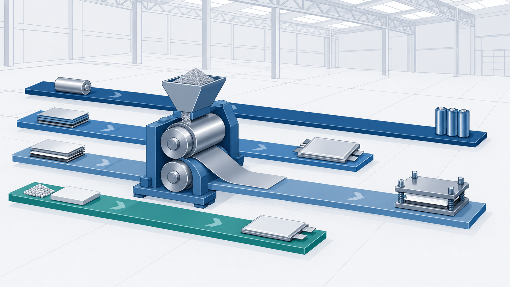 Conceptual illustration: A battery manufacturer is running multiple next-generation technologies side by side, with one of them placed behind.