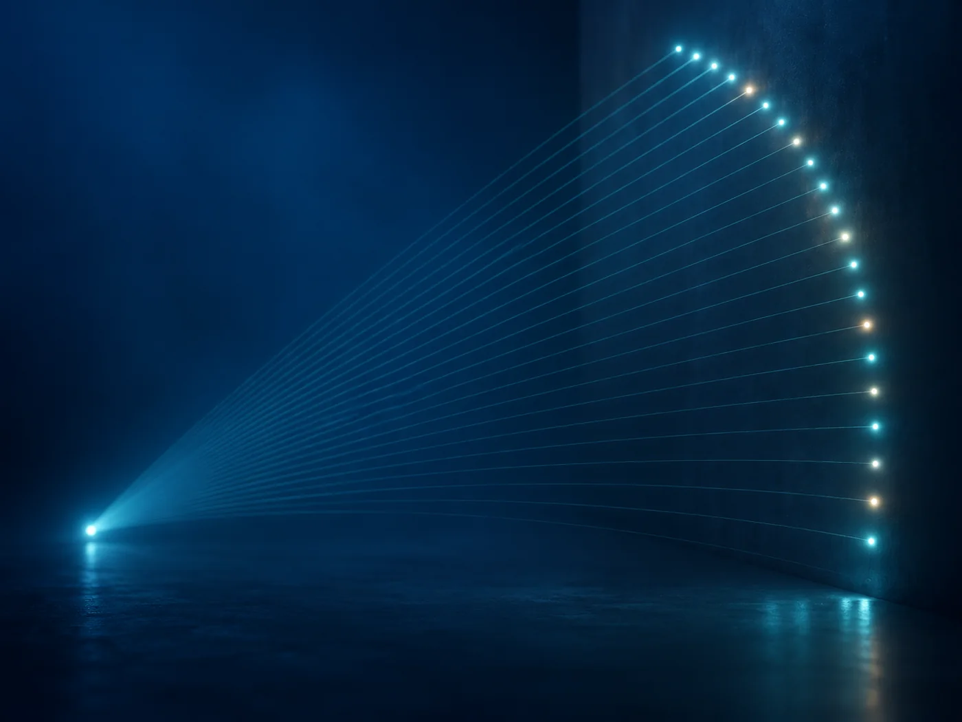 Conceptual image of many faint streaks of light fanning out from a small point in a dark space and tracing regular rows of dots on a distant plane