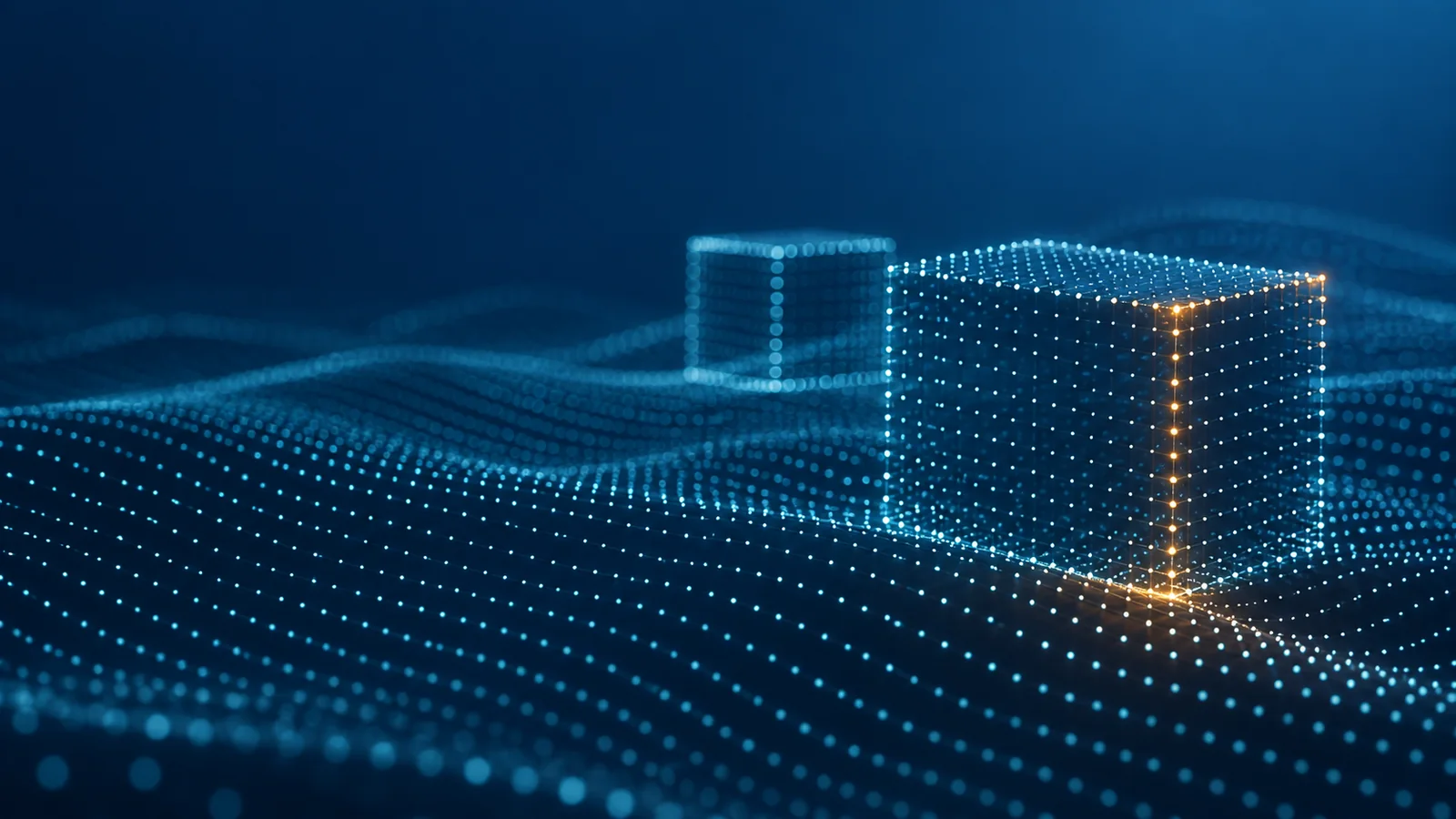Conceptual image of fine points of light arranged in a regular pattern in a dark space, bringing out the outlines of gently sloping ground and a box-like shape