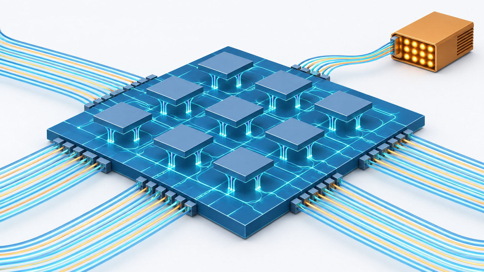 Concept diagram: electronic chips stacked vertically on a photonic circuit board, with optical fibres leaving from across its whole face