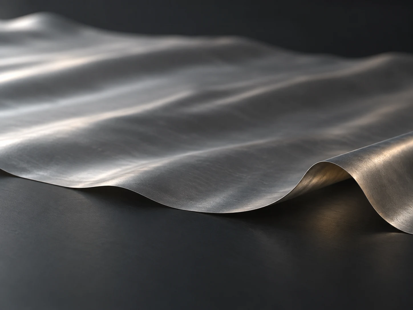 Conceptual image of a single extremely thin metal foil resting with a slight ripple on a dark surface