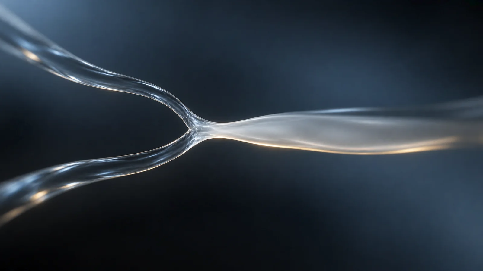 In the dark background, two thin and clear streams are combined with one point, and the image of the abstract concept that changes slightly milky.