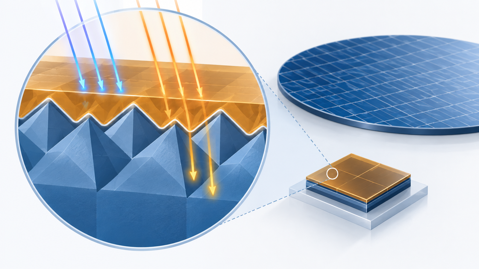 Concept diagram: a tandem cell with a thin perovskite layer laid evenly over a textured silicon cell