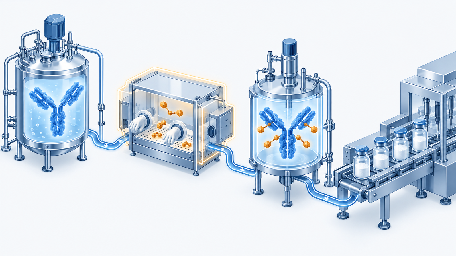 Conceptual diagram: 4 processes of antibody, drug linker, bonding and filling are contracted manufacturing of ADC which leads to a separate process