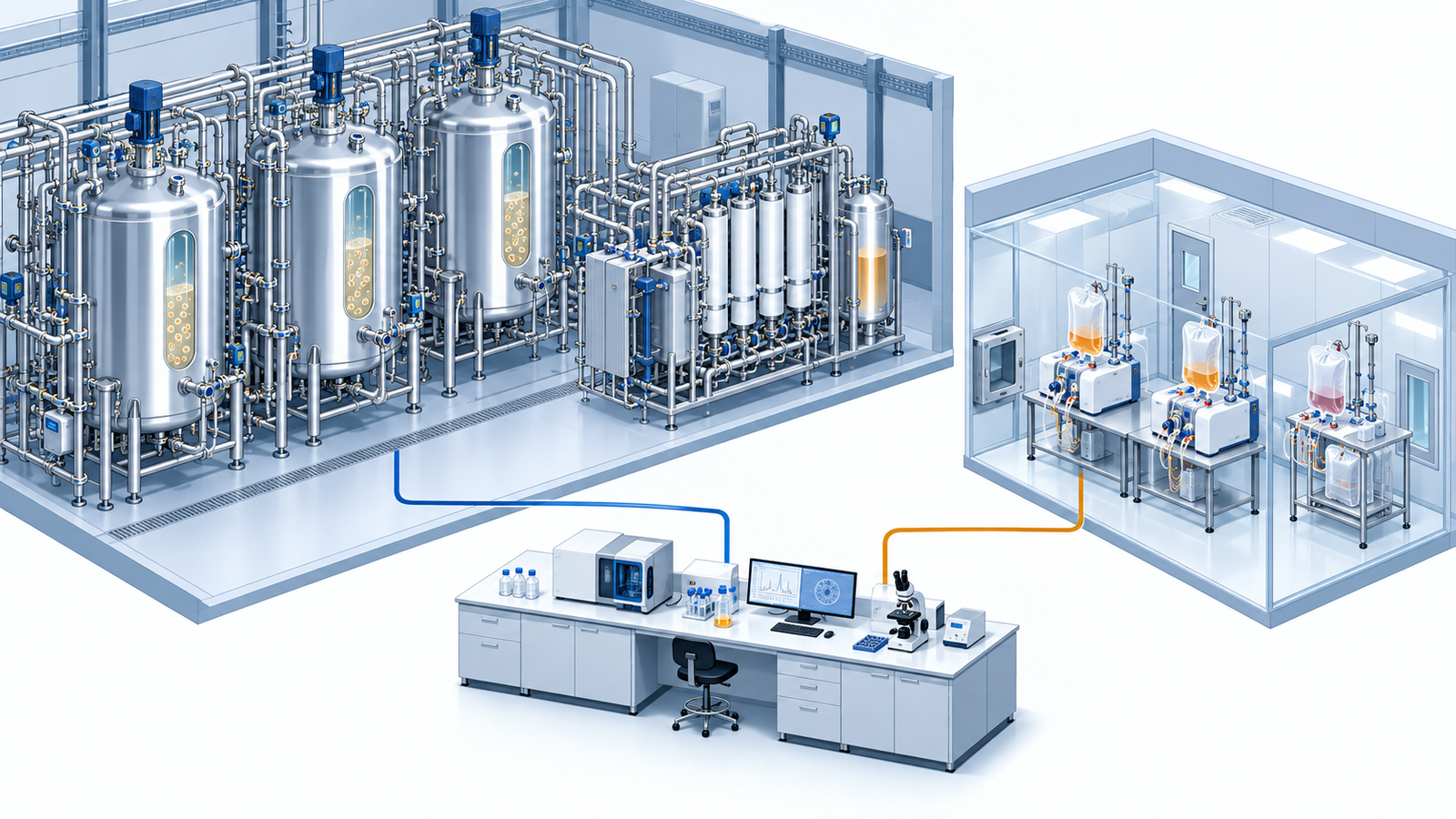 Concept diagram: a contract plant culturing antibodies in large tanks, contrasted with small closed lines for centralised cell therapy manufacturing