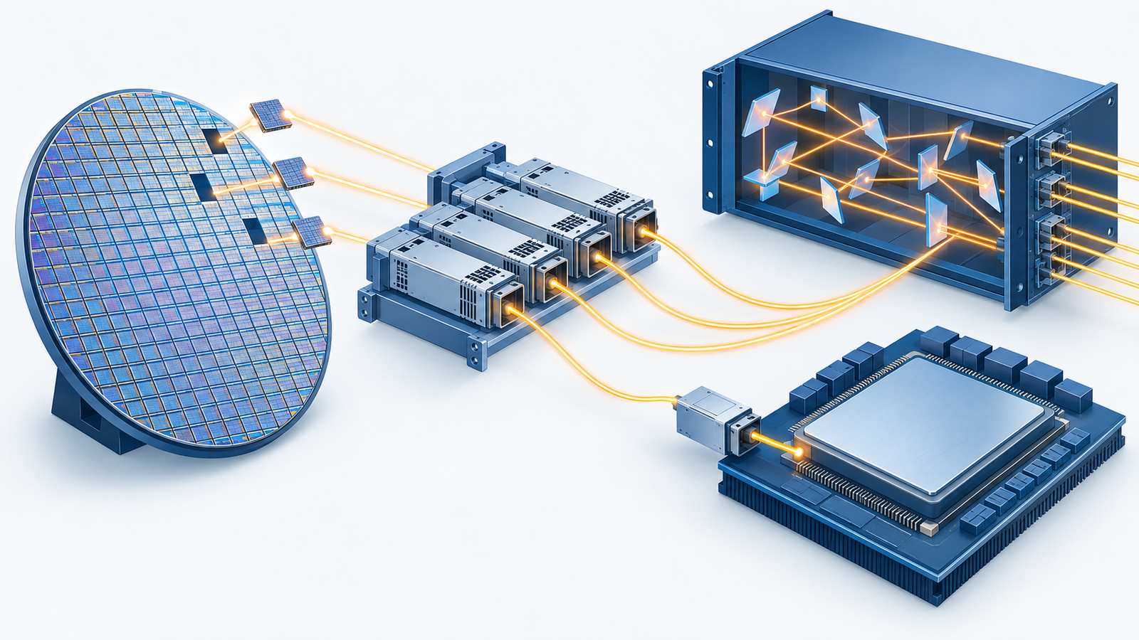 Concept diagram: light spreading out from a laser chip wafer to optical transceivers, optical switches and an external light source beside the package