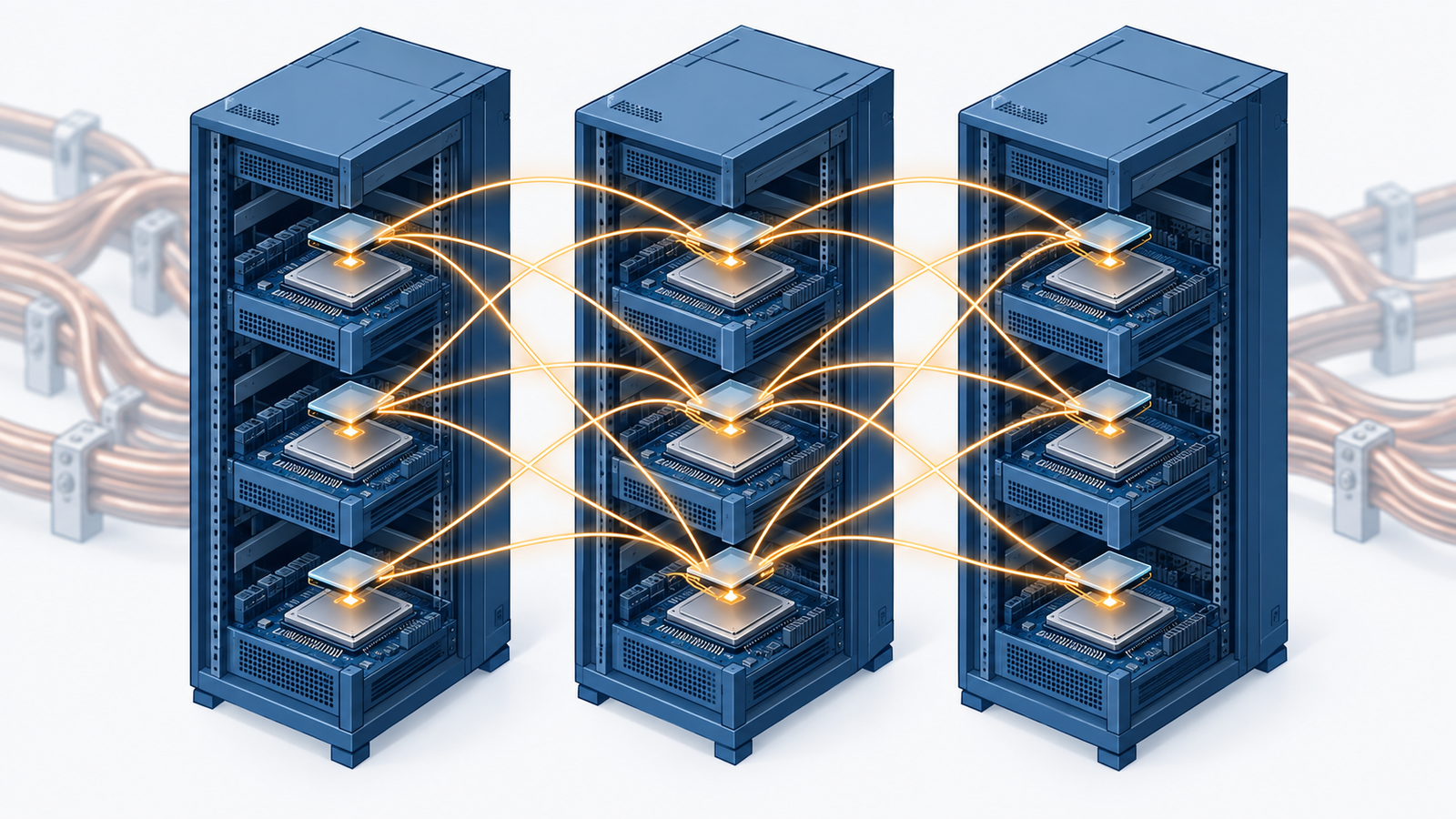 Concept diagram: AI chips spread across several racks, linked by lines of light running straight out of their packages