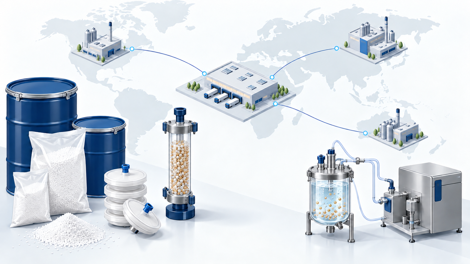 Concept diagram: media, filters and purification resins supplied from regional plants, and materials supplied for viral vector manufacturing