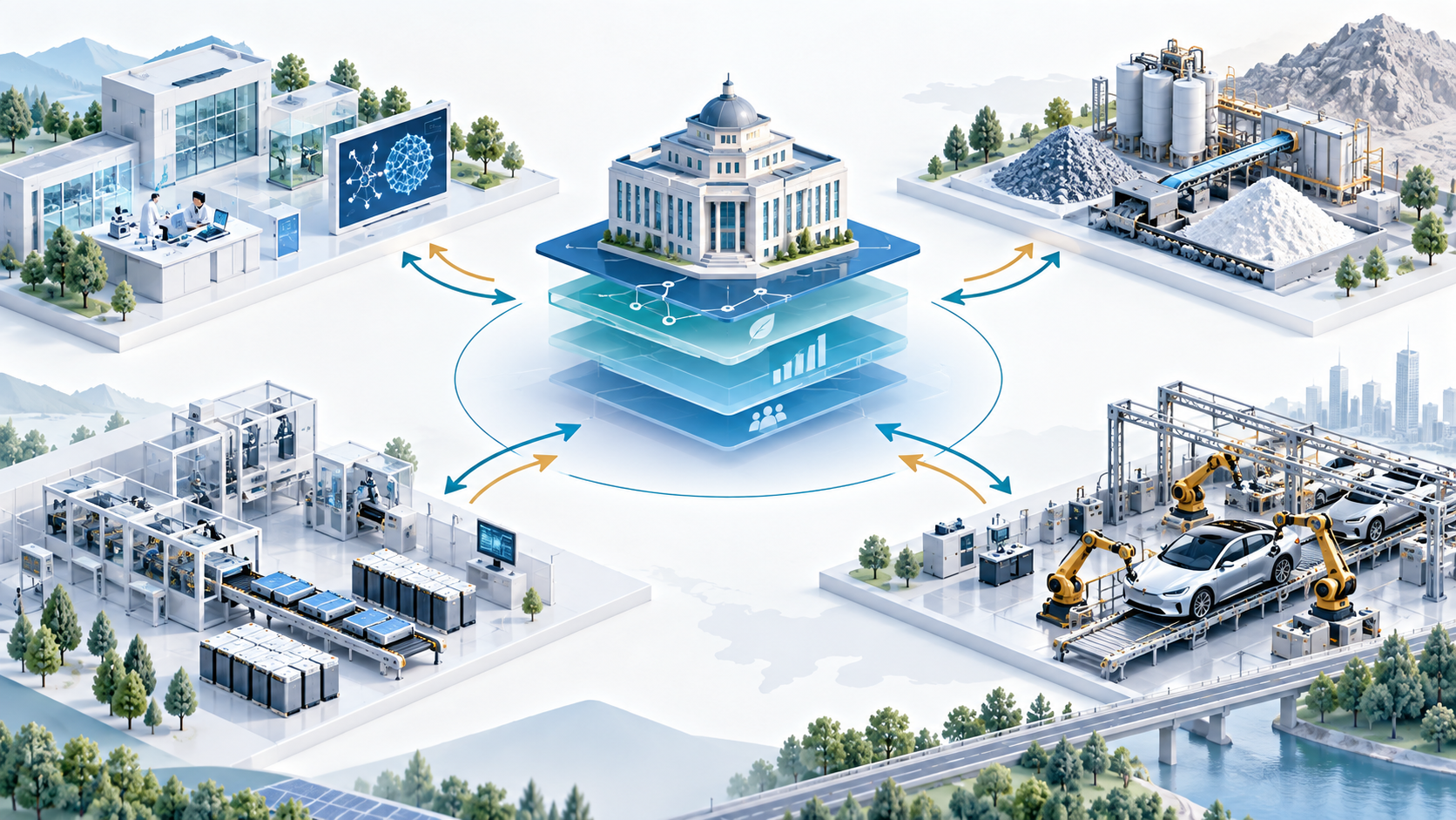 Conceptual illustration of national battery policy connecting research support, materials supply, battery manufacturing and vehicle production