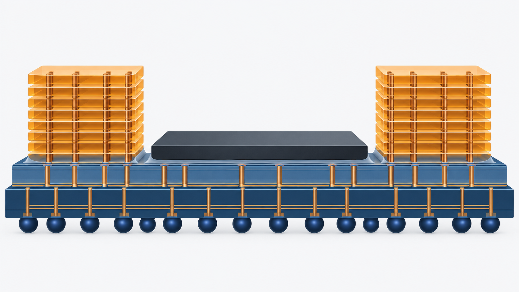 Concept diagram showing stacked memory sitting beside a large logic die inside one package (AI-generated concept image)